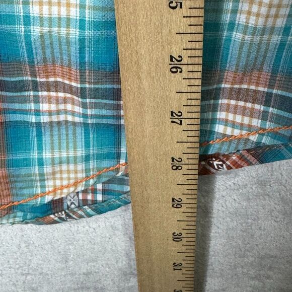 Rough Stock Panhandle Slim Shirt Mens Medium Pearl Snap Turquoise Brown Plaid - Picture 14 of 14